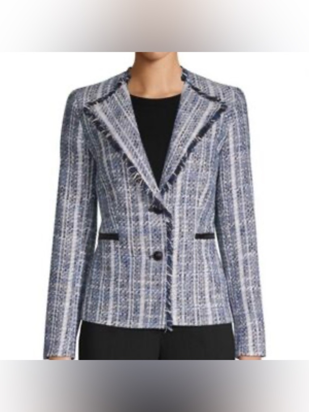 Karl Lagerfeld Paris Blazer Women 8 Blue Tweed Blazer Preppy 90s Y2K Fringe 10